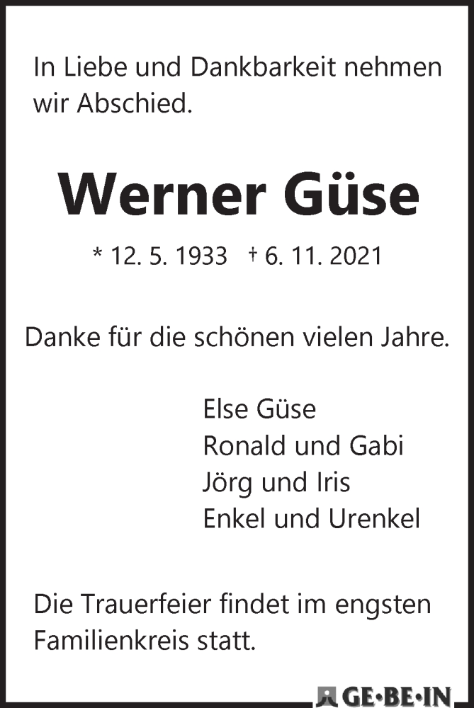  Traueranzeige für Werner Güse vom 13.11.2021 aus WESER-KURIER
