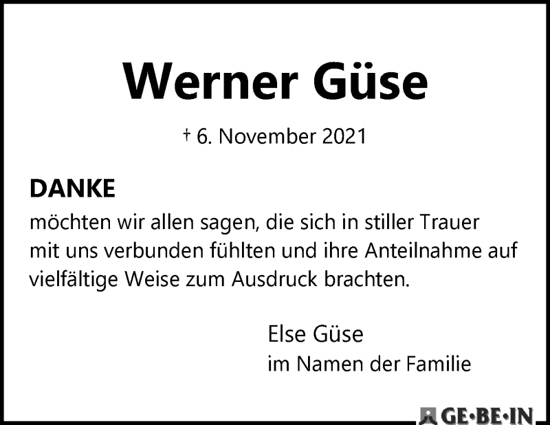  Traueranzeige für Werner Güse vom 27.11.2021 aus WESER-KURIER