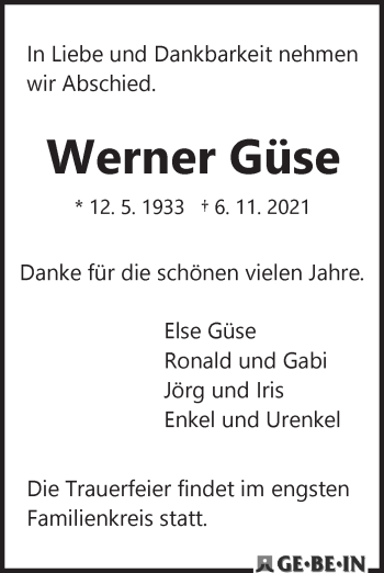 Traueranzeige von Werner Güse von WESER-KURIER