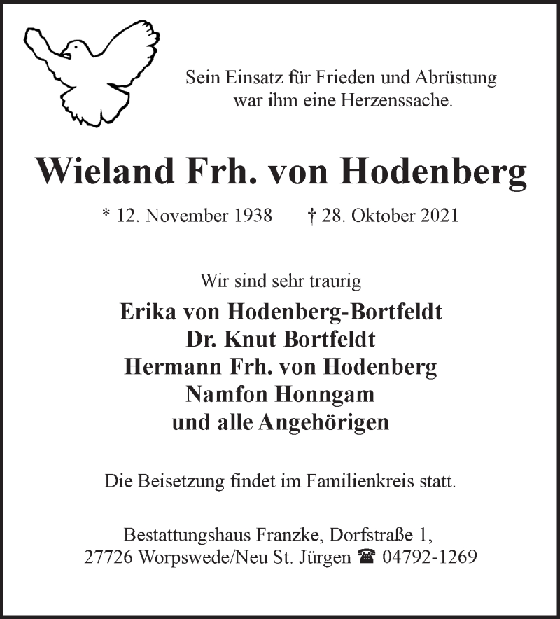  Traueranzeige für Wieland Frh. von Hodenberg vom 03.11.2021 aus WESER-KURIER