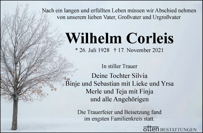 Traueranzeige von Wilhelm Corleis von Osterholzer Kreisblatt