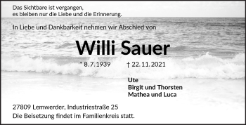 Traueranzeige von Willi Sauer von Die Norddeutsche