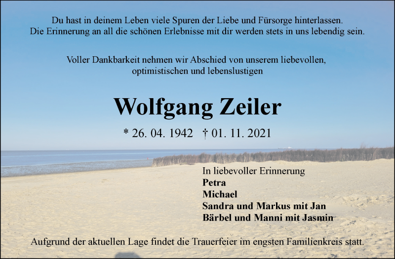  Traueranzeige für Wolfgang Zeiler vom 13.11.2021 aus WESER-KURIER