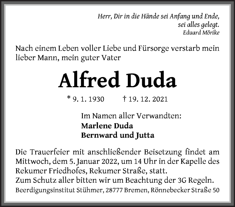  Traueranzeige für Alfred Duda vom 29.12.2021 aus Die Norddeutsche