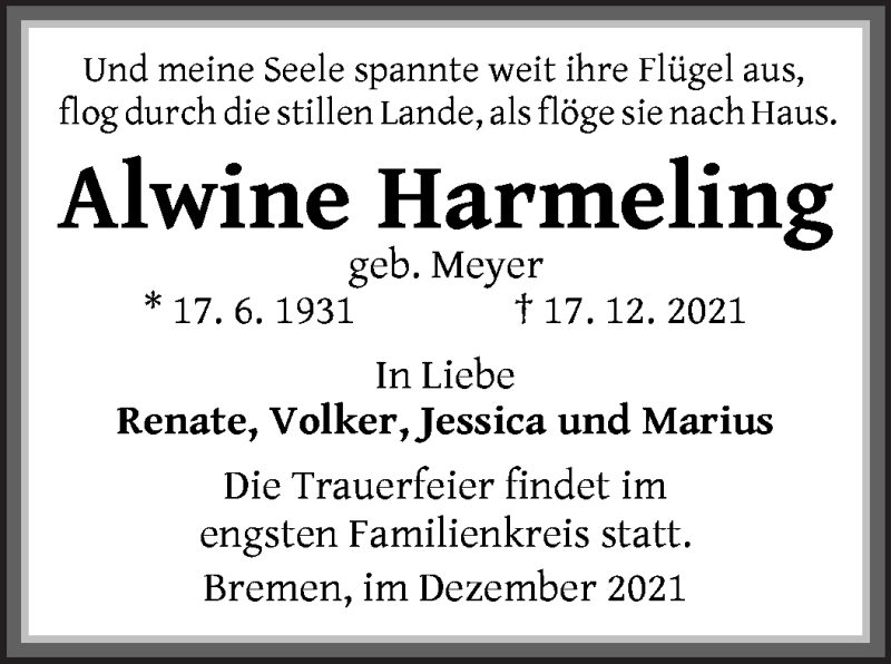  Traueranzeige für Alwine Harmeling vom 24.12.2021 aus WESER-KURIER