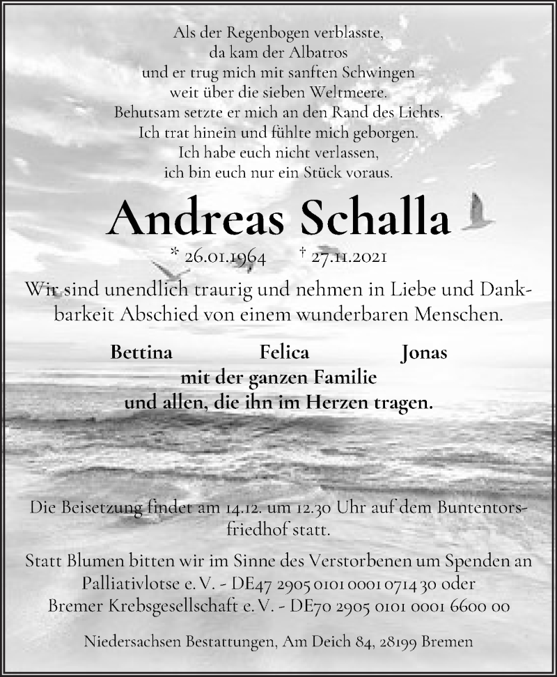  Traueranzeige für Andreas Schalla vom 04.12.2021 aus WESER-KURIER