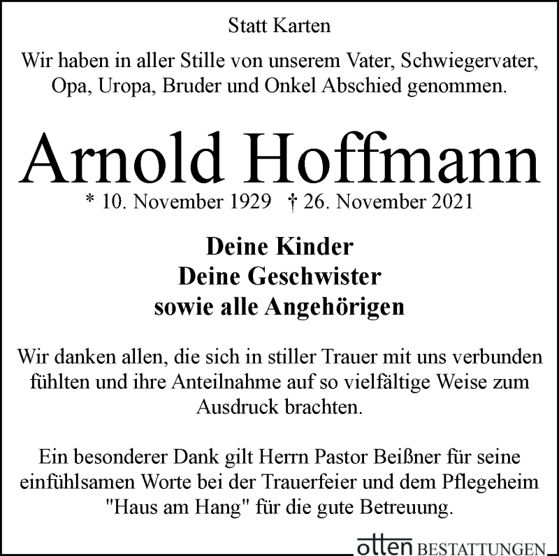 Traueranzeige von Arnold Hoffmann von Osterholzer Kreisblatt