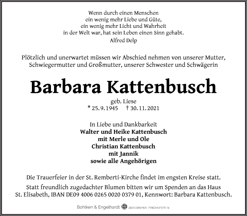  Traueranzeige für Barbara Kattenbusch vom 04.12.2021 aus WESER-KURIER