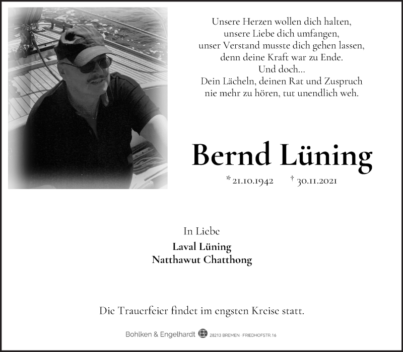 Traueranzeige für Bernd Lüning vom 04.12.2021 aus WESER-KURIER