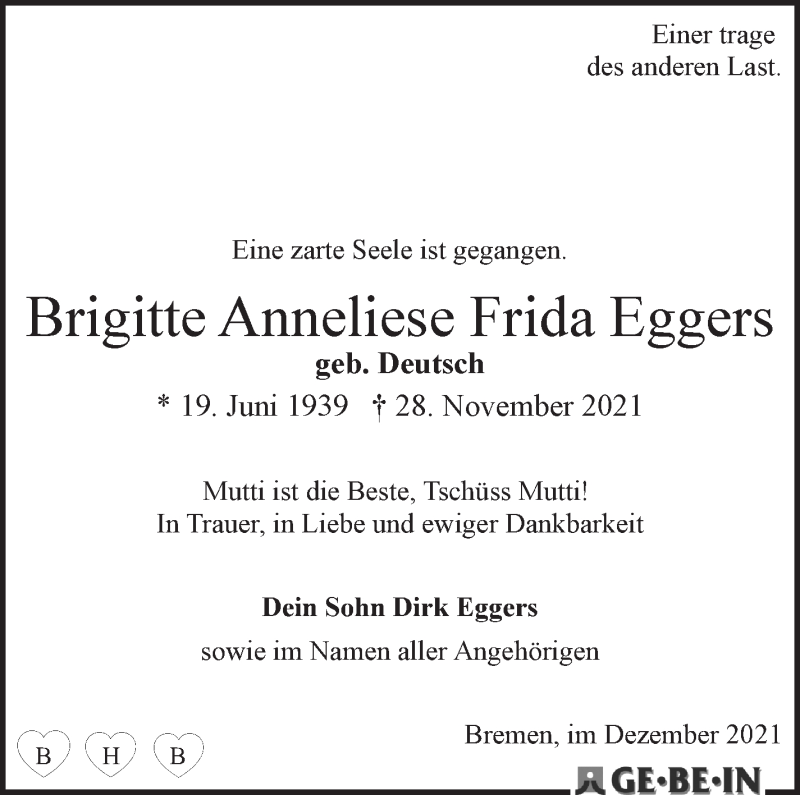  Traueranzeige für Brigitte Anneliese Frida Eggers vom 18.12.2021 aus WESER-KURIER