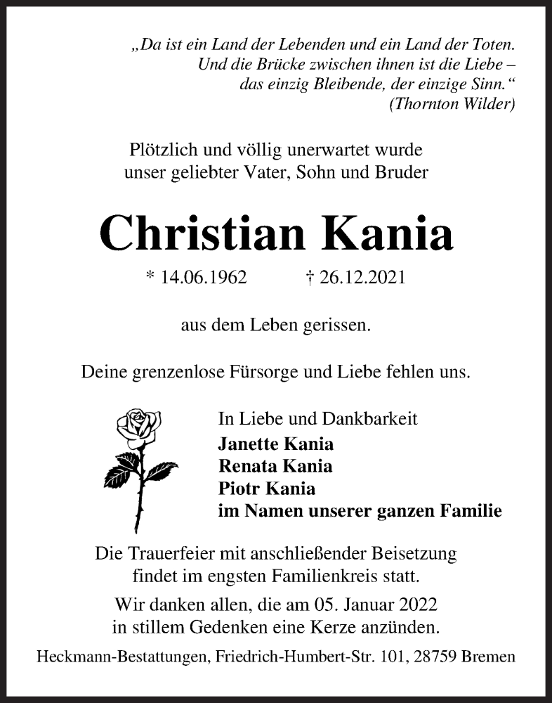  Traueranzeige für Christian Kania vom 31.12.2021 aus WESER-KURIER