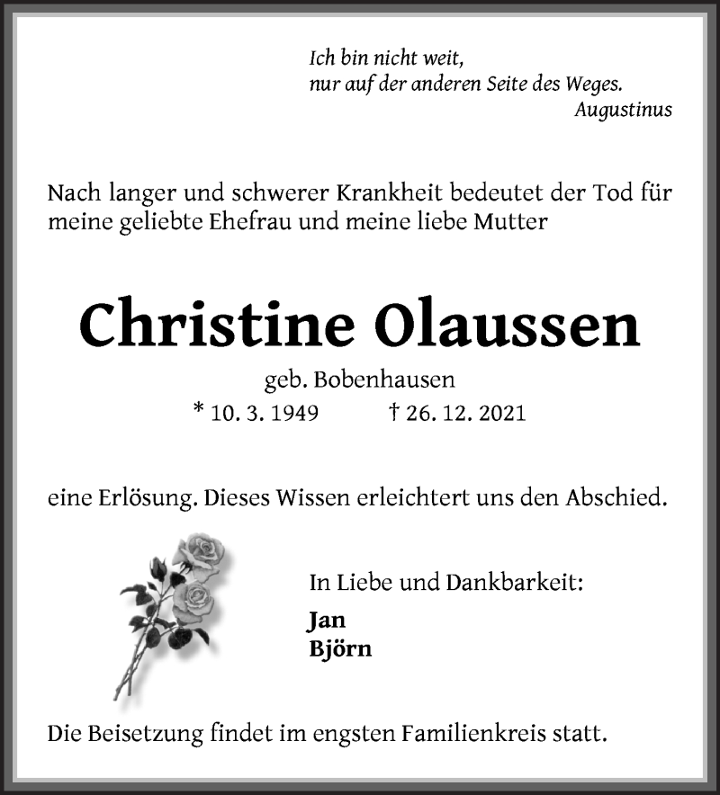  Traueranzeige für Christine Olaussen vom 31.12.2021 aus Die Norddeutsche