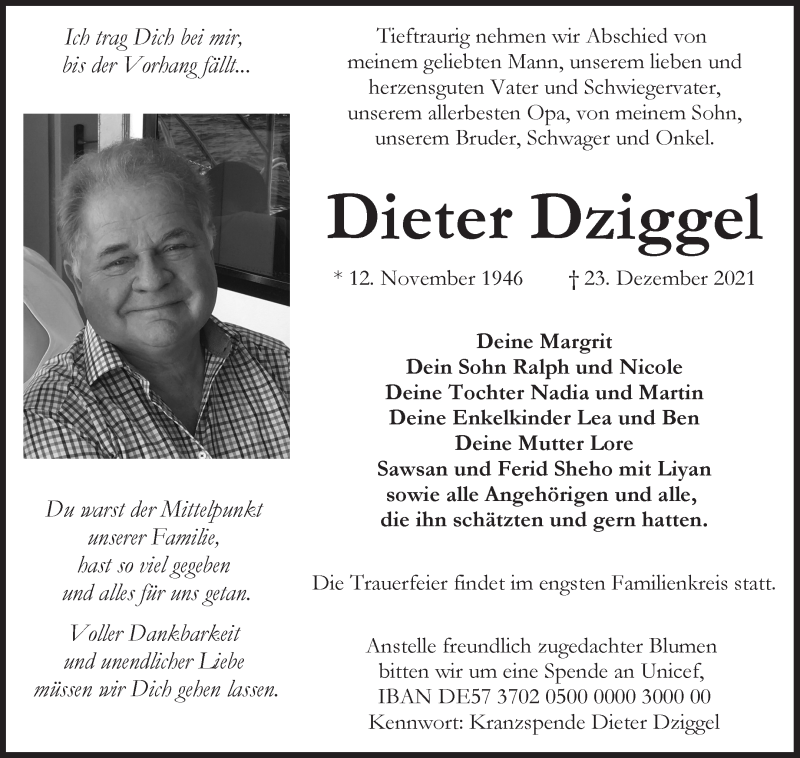  Traueranzeige für Dieter Dziggel vom 31.12.2021 aus WESER-KURIER