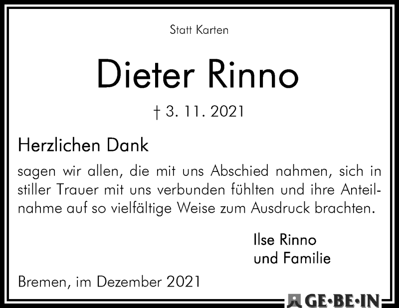 Traueranzeige von Dieter Rinno von WESER-KURIER