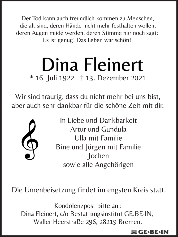  Traueranzeige für Dina Fleinert vom 18.12.2021 aus WESER-KURIER