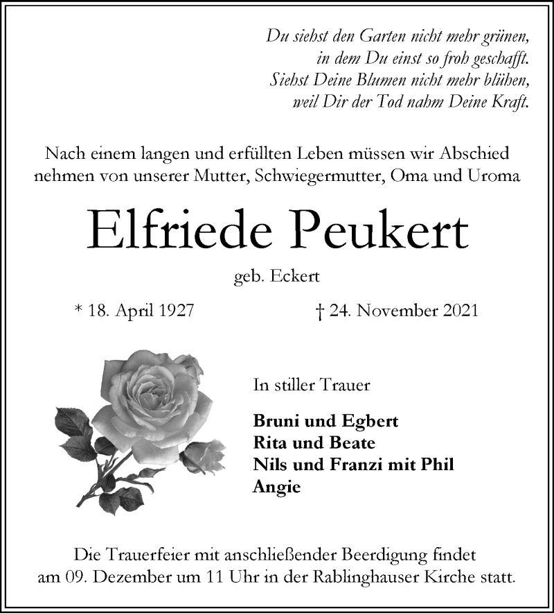 Traueranzeige von Elfriede Peukert von WESER-KURIER