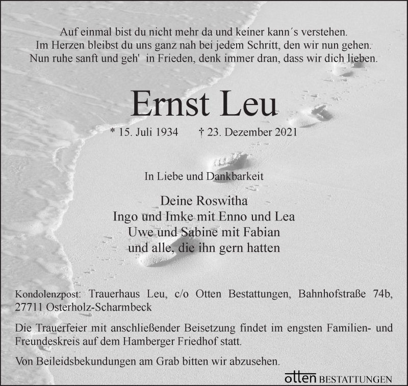 Traueranzeige von Ernst Leu von Osterholzer Kreisblatt
