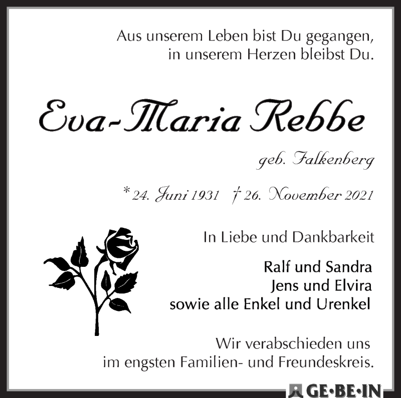  Traueranzeige für Eva-Maria Rebbe vom 04.12.2021 aus WESER-KURIER