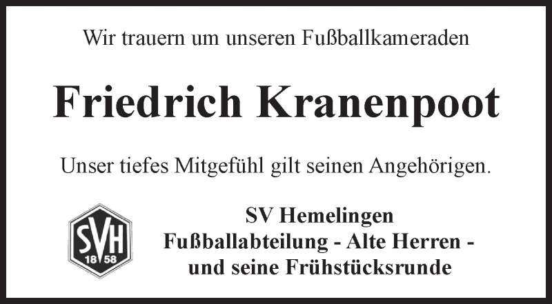 Traueranzeige von Friedrich Kranenpoot von WESER-KURIER