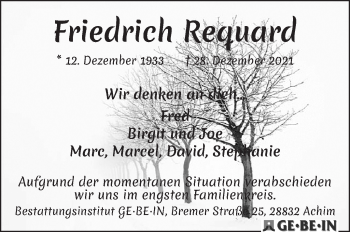 Traueranzeige von Friedrich Requard von WESER-KURIER