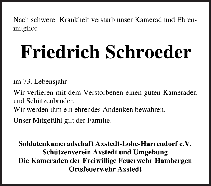 Traueranzeige von Friedrich Schroeder von Osterholzer Kreisblatt
