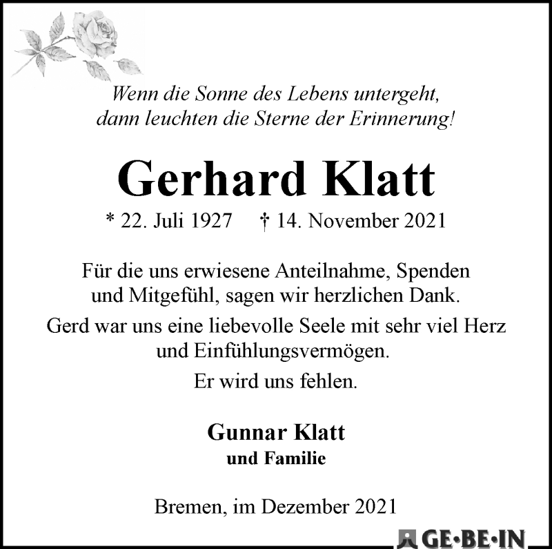  Traueranzeige für Gerhard Klatt vom 11.12.2021 aus WESER-KURIER