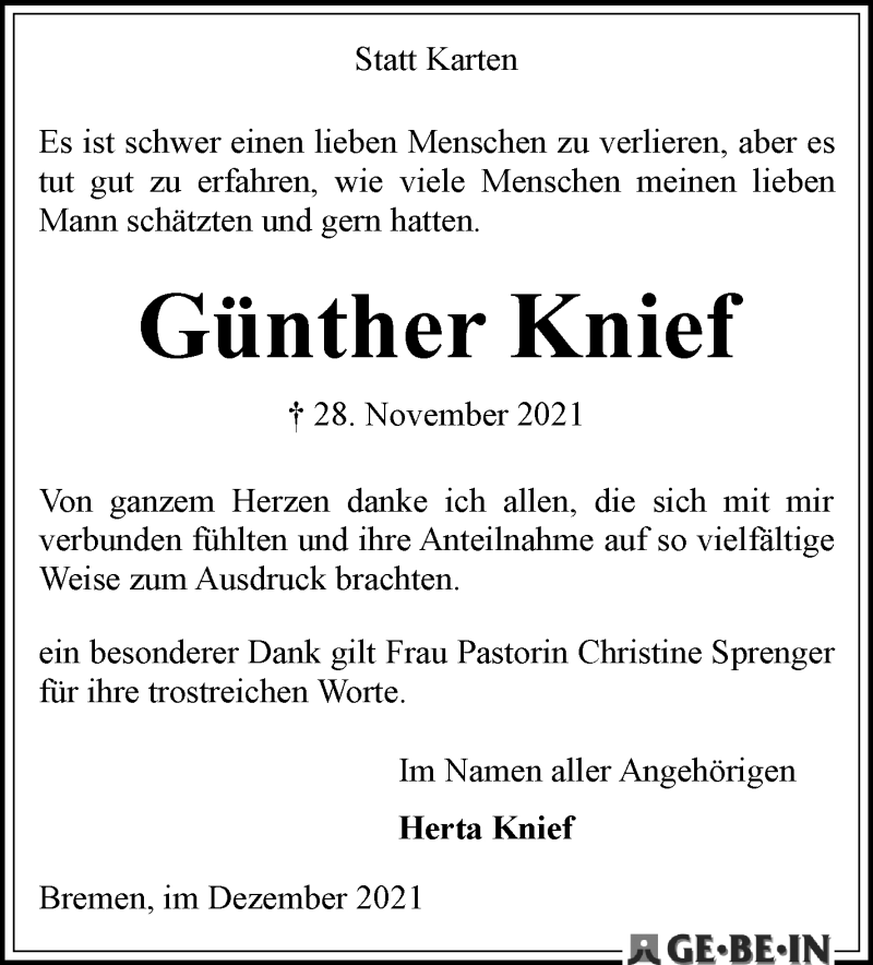 Traueranzeige von Günther Knief von WESER-KURIER