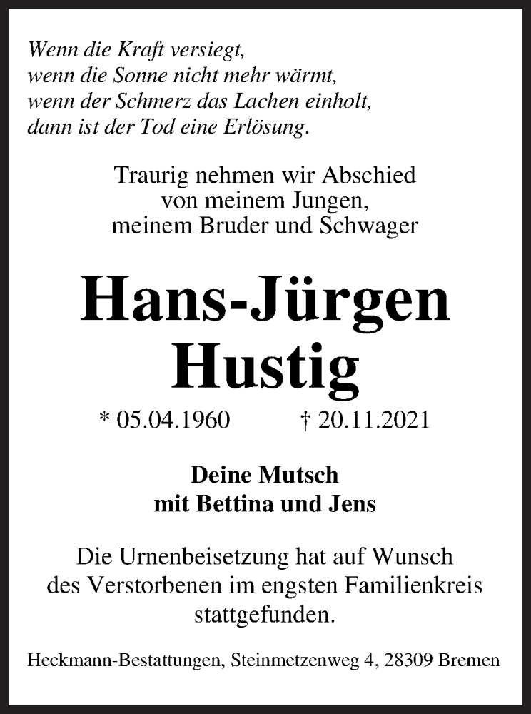  Traueranzeige für Hans-Jürgen Hustig vom 11.12.2021 aus WESER-KURIER