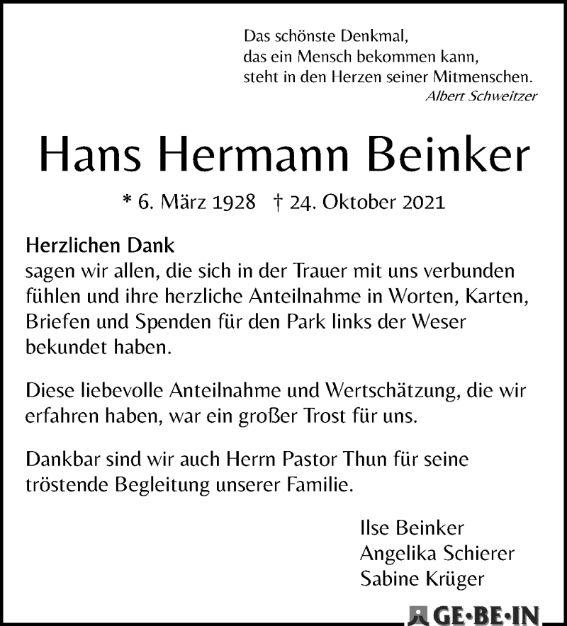 Traueranzeige von Hans Hermann Beinker von WESER-KURIER