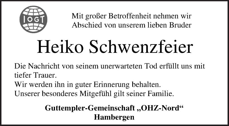  Traueranzeige für Heiko Schwenzfeier vom 09.12.2021 aus Osterholzer Kreisblatt