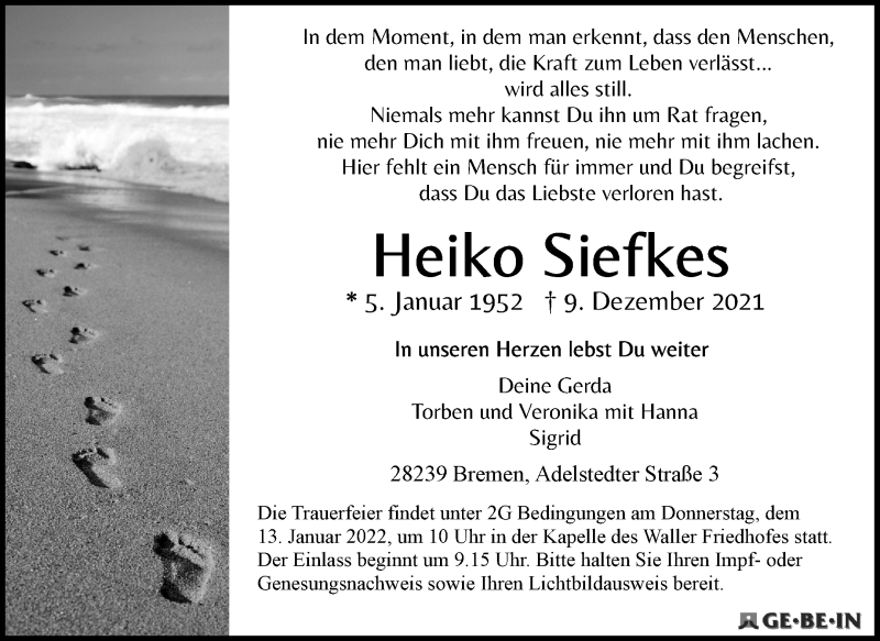  Traueranzeige für Heiko Siefkes vom 18.12.2021 aus WESER-KURIER