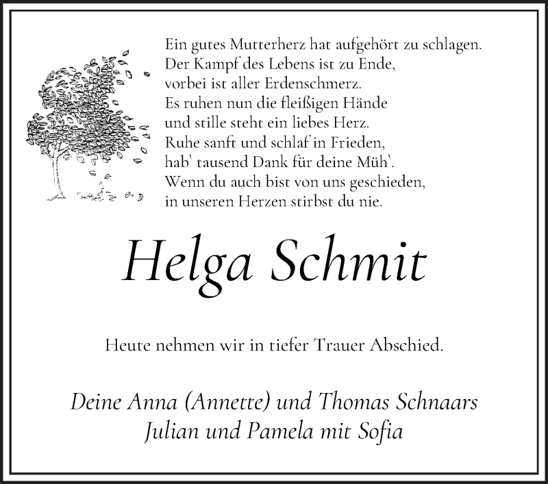  Traueranzeige für Helga Schmit vom 17.12.2021 aus Die Norddeutsche