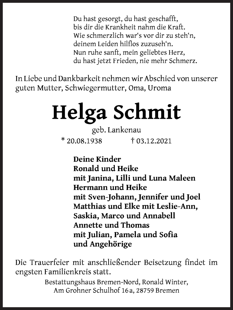  Traueranzeige für Helga Schmit vom 15.12.2021 aus Die Norddeutsche