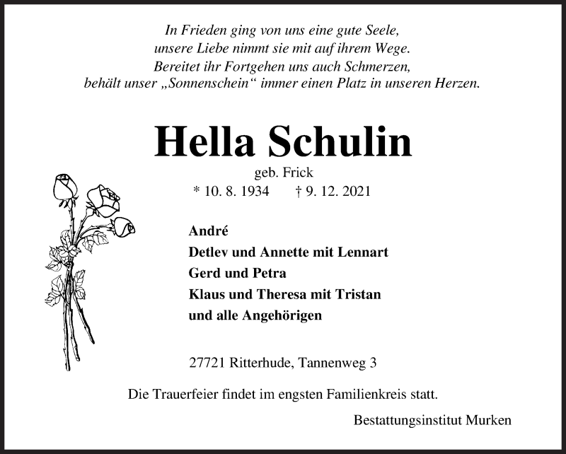  Traueranzeige für Hella Schulin vom 14.12.2021 aus Osterholzer Kreisblatt