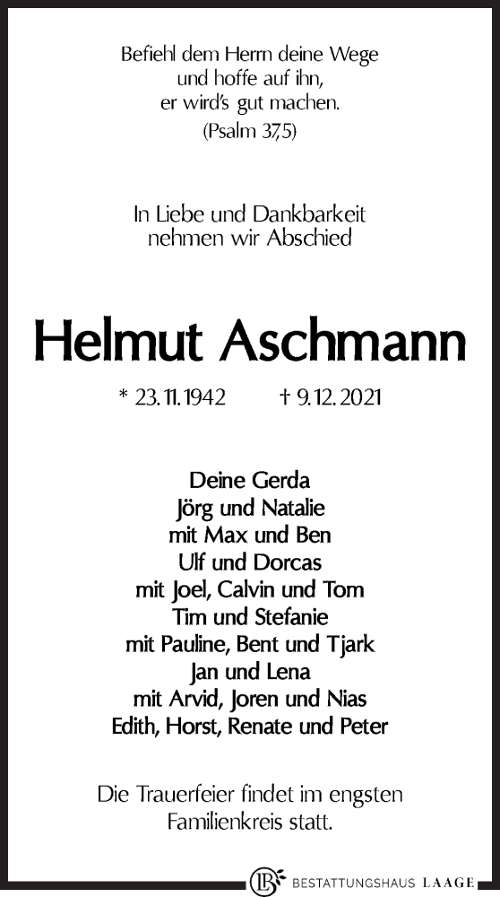  Traueranzeige für Helmut Aschmann vom 15.12.2021 aus WESER-KURIER