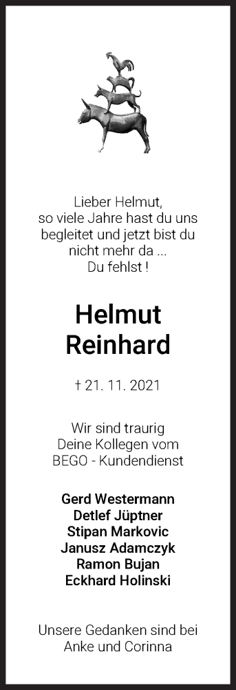 Traueranzeige von Helmut Reinhard von WESER-KURIER