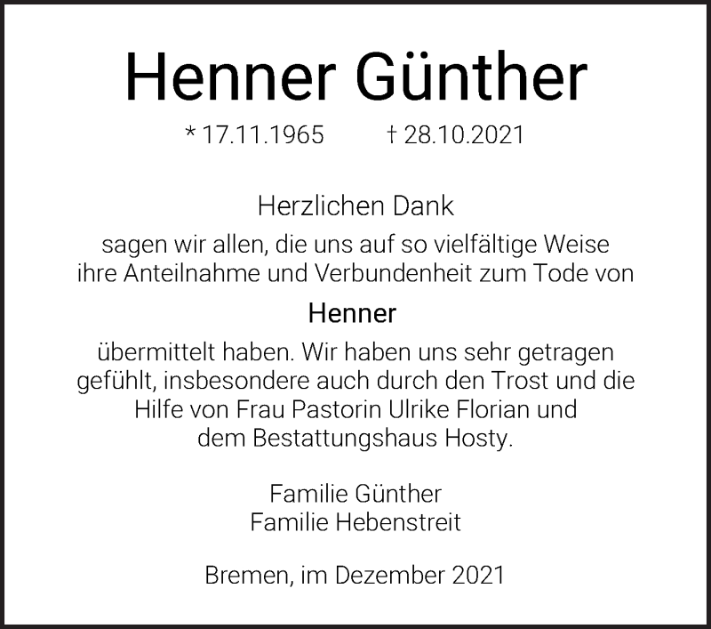  Traueranzeige für Henner Günther vom 18.12.2021 aus WESER-KURIER