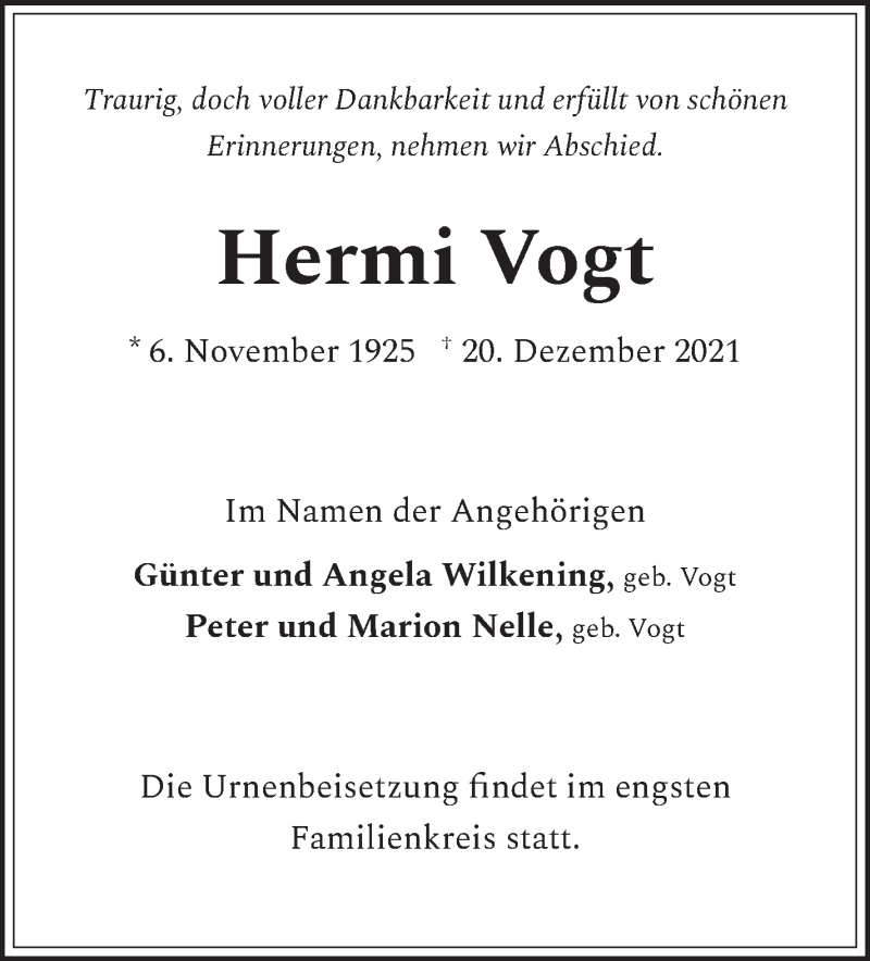  Traueranzeige für Hermi Vogt vom 31.12.2021 aus WESER-KURIER
