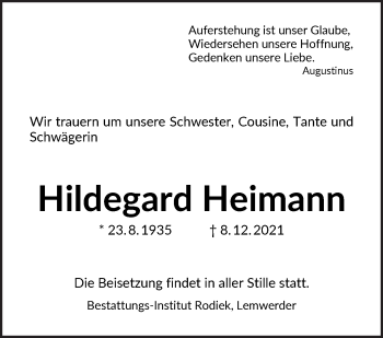 Traueranzeige von Hildegard Heimann von Die Norddeutsche
