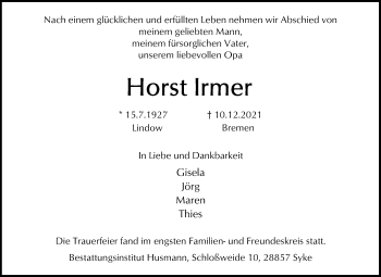 Traueranzeige von Horst Irmer von WESER-KURIER