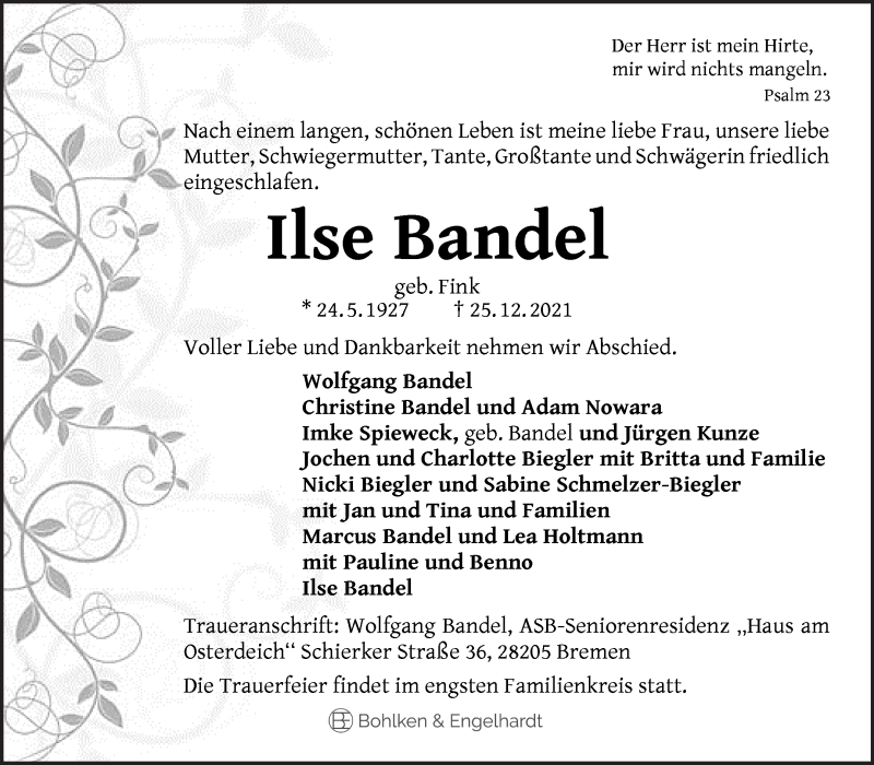  Traueranzeige für Ilse Bandel vom 29.12.2021 aus WESER-KURIER