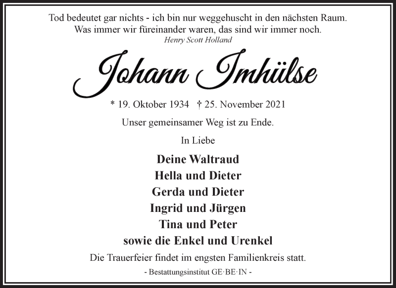Traueranzeige von Johann Imhülse von WESER-KURIER