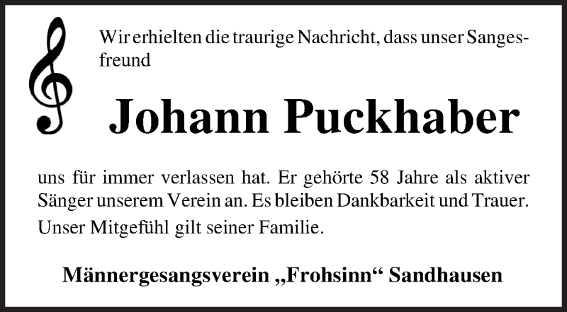  Traueranzeige für Johann Puckhaber vom 28.12.2021 aus Osterholzer Kreisblatt