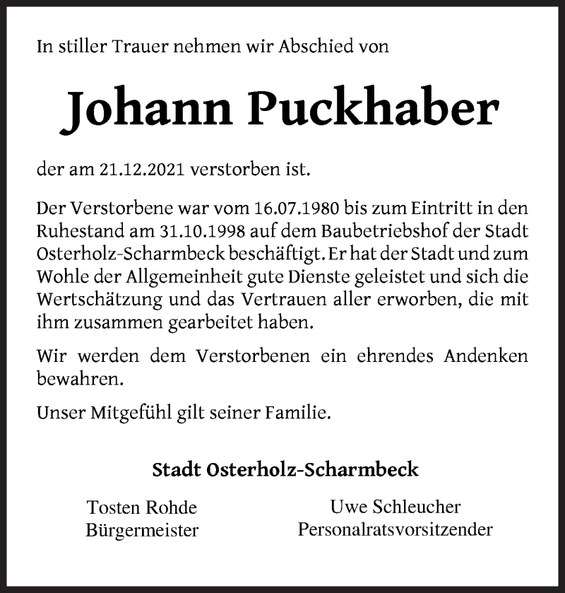  Traueranzeige für Johann Puckhaber vom 31.12.2021 aus Osterholzer Kreisblatt