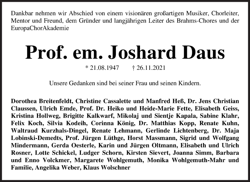  Traueranzeige für Joshard Daus vom 04.12.2021 aus WESER-KURIER