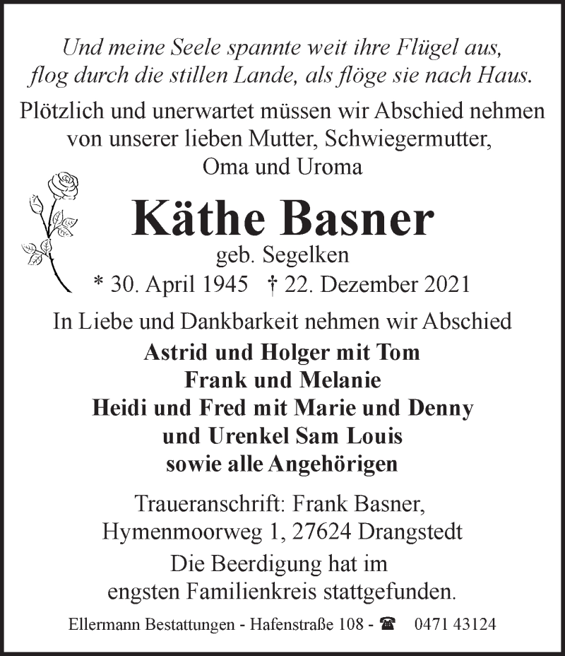  Traueranzeige für Käthe Basner vom 31.12.2021 aus Osterholzer Kreisblatt