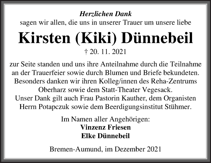  Traueranzeige für Kirsten Dünnebeil vom 18.12.2021 aus Die Norddeutsche