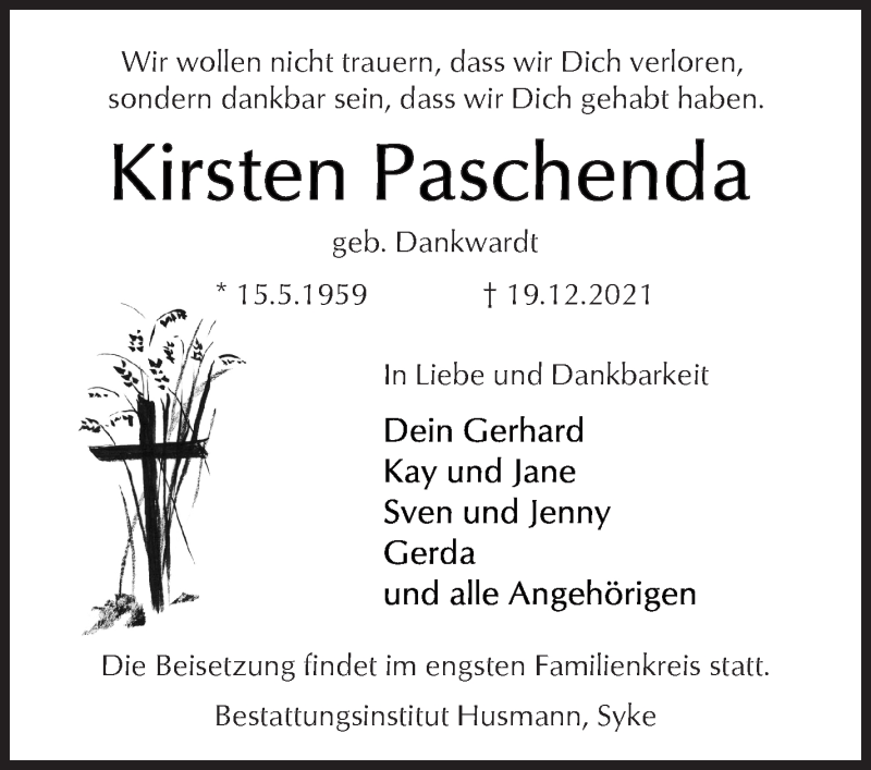  Traueranzeige für Kirsten Paschenda vom 30.12.2021 aus WESER-KURIER