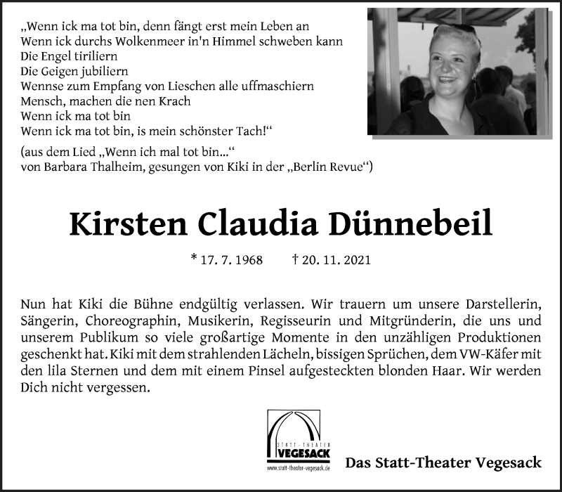  Traueranzeige für Kirsten Claudia Dünnebeil vom 01.12.2021 aus Die Norddeutsche