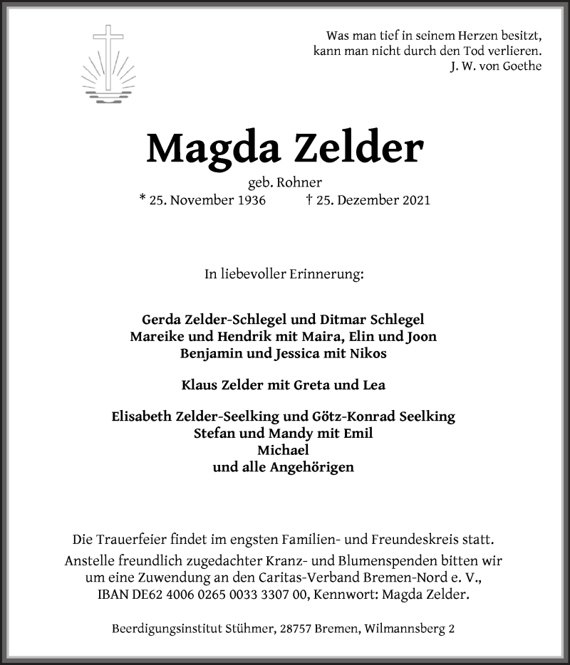  Traueranzeige für Magda Zelder vom 31.12.2021 aus Die Norddeutsche